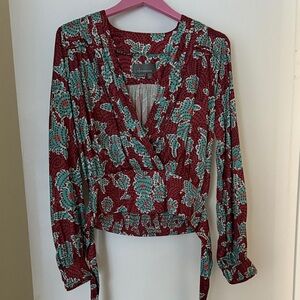 Anthropologie Floral Wrap Blouse - Burgundy and Teal